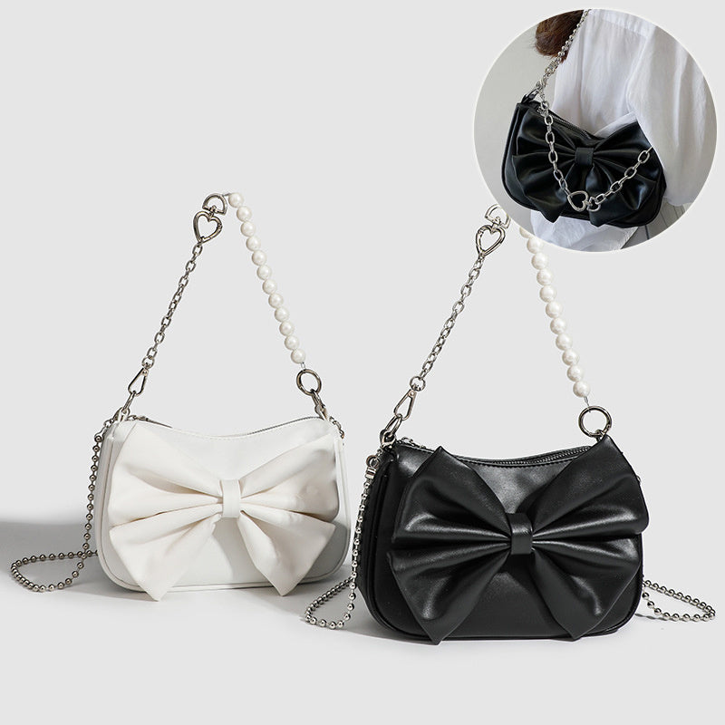 Black White PU Bow Handbags Autumn Winter Ladies Underarm Tote Bags Fashion Simple Pearl Chain Shoulder Bag Small Purse