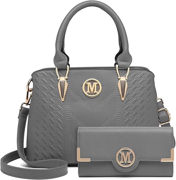 Miss Lulu Top-Handle Bag and Wallet Set, Woven and Chevron Pattern Handbag Shoulder Bag with Matching PU Leather Wallet Both with M Logo