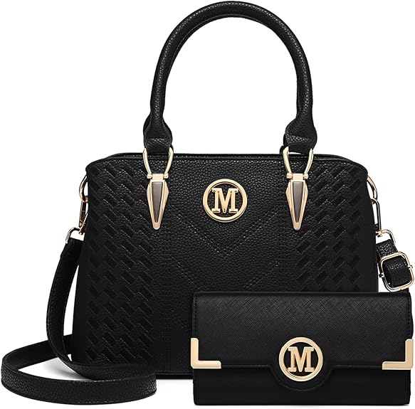 Miss Lulu Top-Handle Bag and Wallet Set, Woven and Chevron Pattern Handbag Shoulder Bag with Matching PU Leather Wallet Both with M Logo