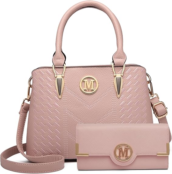 Miss Lulu Top-Handle Bag and Wallet Set, Woven and Chevron Pattern Handbag Shoulder Bag with Matching PU Leather Wallet Both with M Logo